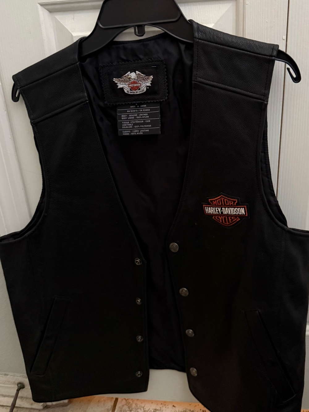 Harley-Davidson Black Leather Vest with Orange Logo Patch